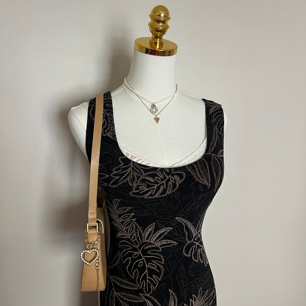 Chico's Travelers Black Bronze Metallic Tropical Leaf Print sling Dress Size L - Picture 2 of 9